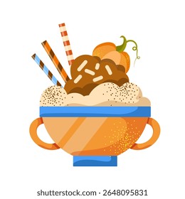 Vector pumpkin spice latte isolated on white background. Autumn coffee with whipped cream
