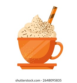 Vector pumpkin spice latte isolated on white background. Autumn coffee with whipped cream