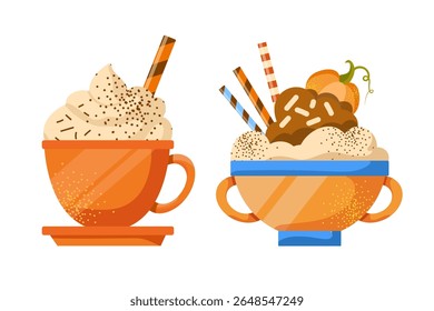 Vector pumpkin spice latte isolated on white background. Autumn coffee with whipped cream