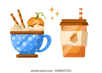 Vector pumpkin spice latte isolated on white background. Autumn coffee with whipped cream