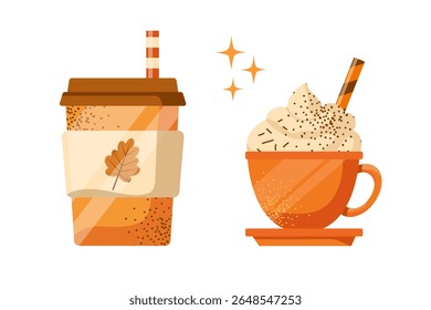 Vector pumpkin spice latte isolated on white background. Autumn coffee with whipped cream