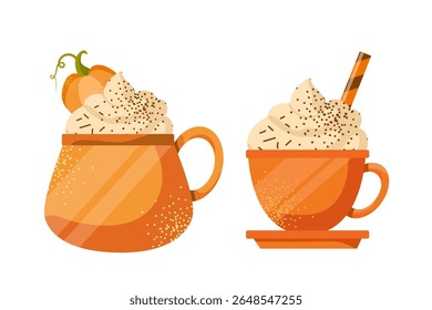 Vector pumpkin spice latte isolated on white background. Autumn coffee with whipped cream