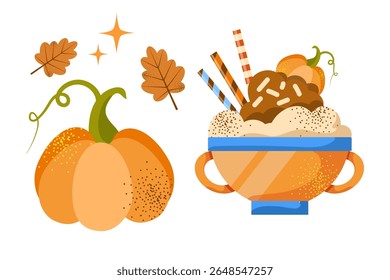 Vector pumpkin spice latte isolated on white background. Autumn coffee with whipped cream