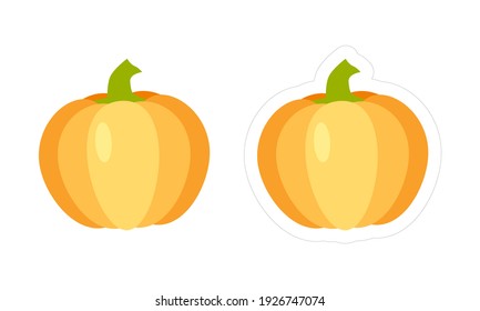 Vector Pumpkin Sticker With White Die Cut Outline. Cartoon Yellow-orange Vegetable Icon For Kids Game Isolated On White Background