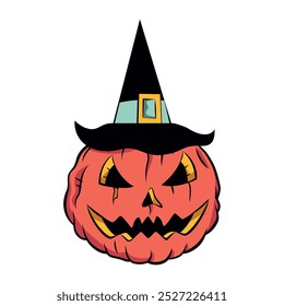 Vector Pumpkin Witch Hat Cartoon Retro Style Illustration Isolated