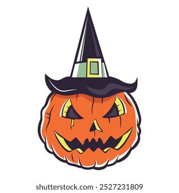 Vector Pumpkin Witch Hat Cartoon Retro Style Illustration Isolated