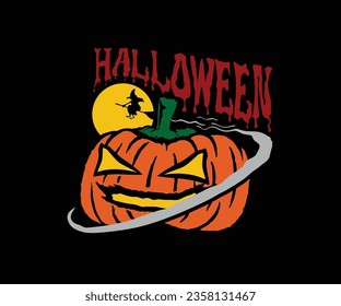 A vector pumpkin, witch, moon and lettering for your halloween design on a black background
