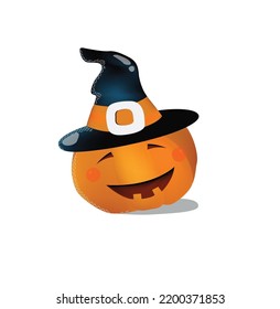 Vector pumpkin in a witch's hat. Halloween costume. Witch headdress. Cartoon pumpkin. Halloween decoration.