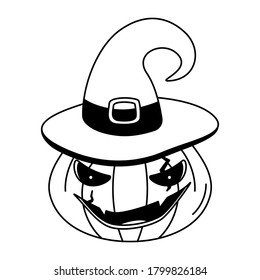Calabaza vectora con sombrero de bruja. Cara espeluznante. Imagen sin color para Halloween. Ilustración para la decoración de vacaciones de temporada, tarjeta de saludo, pegatinas, cuadernos, pancartas 
