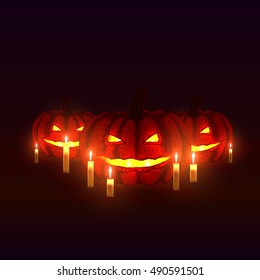 Vector pumpkins with candles. Hand drawn halloween sketch. Image pumpkins on dark background. Doodle line graphic design. Halloween illustration.