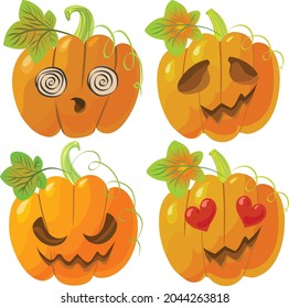 Calabazas vectoras con diferentes emociones en el tema de Halloween.
