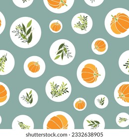 Vector Pumpkins and plants sage background seamless pattern. Perfect for fabric, scrapbooking, wallpaper projects and paper products.