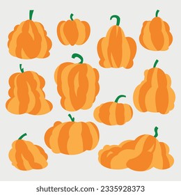 calabazas vectoriales, silueta, calabaza anaranjada, forma diferente, para halloween, diseño plano, para papel envoltorio, caída de calabaza, cosecha de otoño.