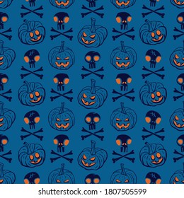 Vector pumpkins skulls bones blue seamless pattern