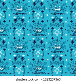 Vector pumpkins skulls bones blue seamless pattern
