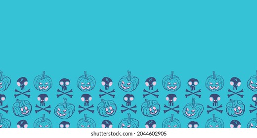 Vector pumpkins skulls border blue repeat pattern