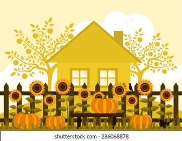 vector pumpkins and sunflowers along picket fence