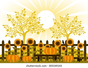 vector pumpkins and sunflowers along picket fence