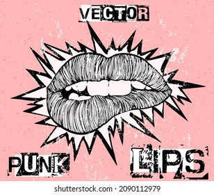 Vector Punk Lips. Hand drawn bitten lips in the style of the of Punk flyers and posters with spike crown outline on pink background.