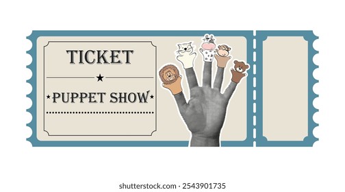 Vector puppet theatre ticket template. Cute hand drawn animals toys. Female hand halftone.