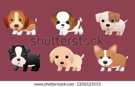 Vector puppy cute Boston Terrier, Golden Retriever, Shih Tsu, Bulldog and others.