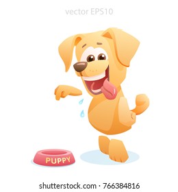 Vector puppy of a golden retriever asks for a delicious food. Funny small yellow dog, which anticipates a canine's treat. Cute doggy points with a finger at the plate isolated on a white background.