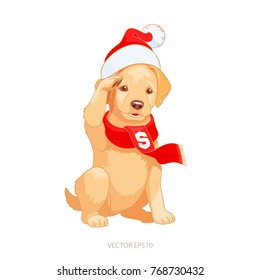 Vector puppy of a golden retriever in duty, stands at attention, makes a military greeting. Cute yellow dog dressed at a hat of Santa Claus and red knitted scarf and salutes. Isolated cartoon mascot.