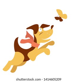 Vector puppy jumping over the butterfly. Cartoon style.