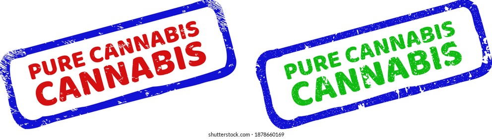Impresiones enmarcadas de Vector PURE CANNABIS con superficie corroída. Sellos de sello rectangulares rígidos bicolor. Colores rojos, azules y verdes.