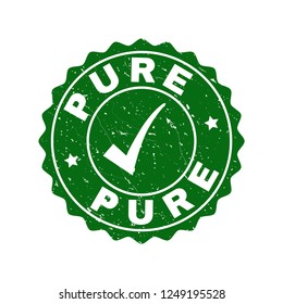 Vector Pure scratched stamp seal with tick inside. Green Pure imprint with scratced surface. Round rubber stamp imprint.