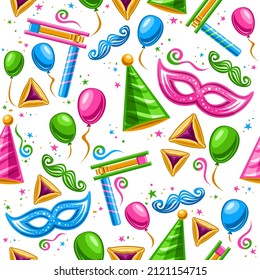 Vector Purim Seamless Pattern, square repeating background with cut out illustrations of traditional purim symbols, various vibrant balloons, sweet haman's ears for purim festival on white background