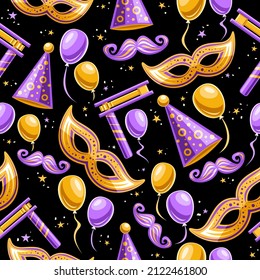 Vector Purim Seamless Pattern, square repeating background with cut out illustrations of traditional purim symbols, variety balloons, cone hats, purple moustache for purim festival on dark background