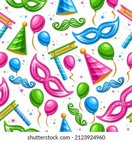 Vector Purim Seamless Pattern, square repeating background with cut out illustrations of traditional purim symbols, vibrant different balloons, clown cone hats for purim festival on white background