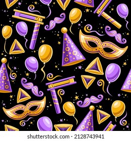 Vector Purim Seamless Pattern, square repeating background with cut out illustrations of traditional purim symbol, variety balloons, cone hat, sweet haman's ears for purim festival on dark background