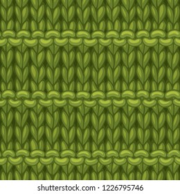 Vector Purl Stripes Stitch Pattern. Hand-drawn jersey cloth boundless background. High detailed green woollen hand-knitted fabric material.