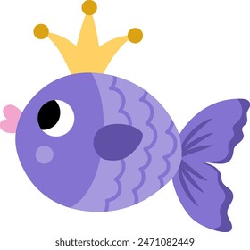 Vector purple abstract fish icon. Under the sea illustration with cute funny creature with crown. Ocean animal princess clipart. Cartoon underwater or marine clip art for children
