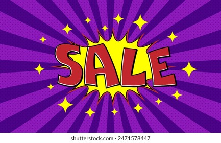 Vector purple advertising banner with text sale in pop art comics style