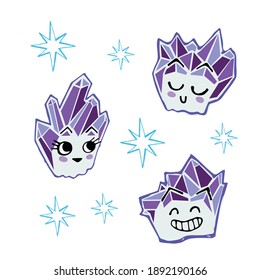 Vector purple ametist crystal cute cartoon characters. 