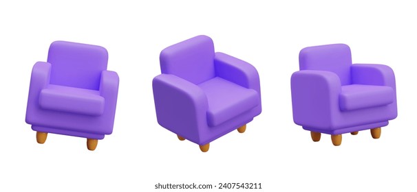 Vector purple armchair with wooden legs. Realistic soft chair in different positions. Luxury furniture for home. Illustrations for online store, application, game