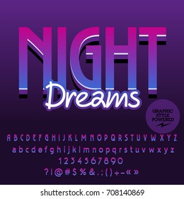 Vector purple artistic Alphabet. Graphic style Font. Text Night dreams