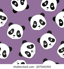 Fondo vectorial púrpura con bonitos pandas. Pandas de caricatura. Patrón de cara de Panda.