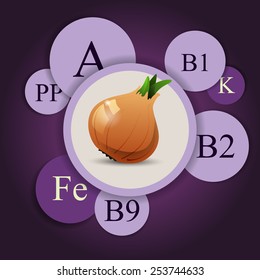 Vector purple background with onion and vitamins. Healthy food elements