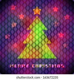 Vector purple background with sparkling green christmas tree, stars, greeting inscription. Original elegant poster. Abstract decorative color illustration in disco geometric style for print, web 