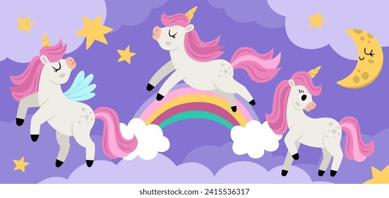 Fondo vectorial púrpura con unicornios, arco iris, nubes, estrellas. Escena del mundo mágico o de fantasía. Panorama horizontal de cuento de hadas para tarjeta, publicación en medios sociales. Ilustración de caballo lindo para niños 
