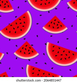 Vector purple background watermelon with black seeds. Seamless watermelons. Vector background with vector slices of watermelon. Cute seamless vector pattern with watermelons.	