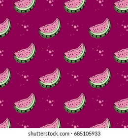 Vector purple background with watermelon slices. Cute seamless vector pattern. Baby and kids style abstract geometric background. Fashion trendy fabric, simple ornament, template, layout for design