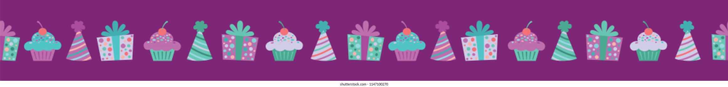 Vector Purple Birthday Items Seamless Border. Perfect for fabric, scrapbooking, kids, stationary, and home decor projects.