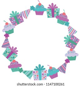 Vector Purple Birthday Items Wreath. Perfect for fabric, scrapbooking, kids, stationary, and home decor projects.