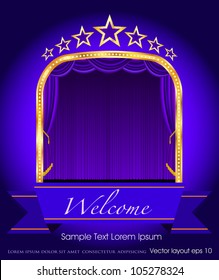 banner vectorial morado en blanco en el escenario con cortina violeta y estrellas
