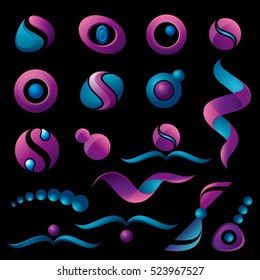 Vector purple and blue abstract shape logos collection on black background